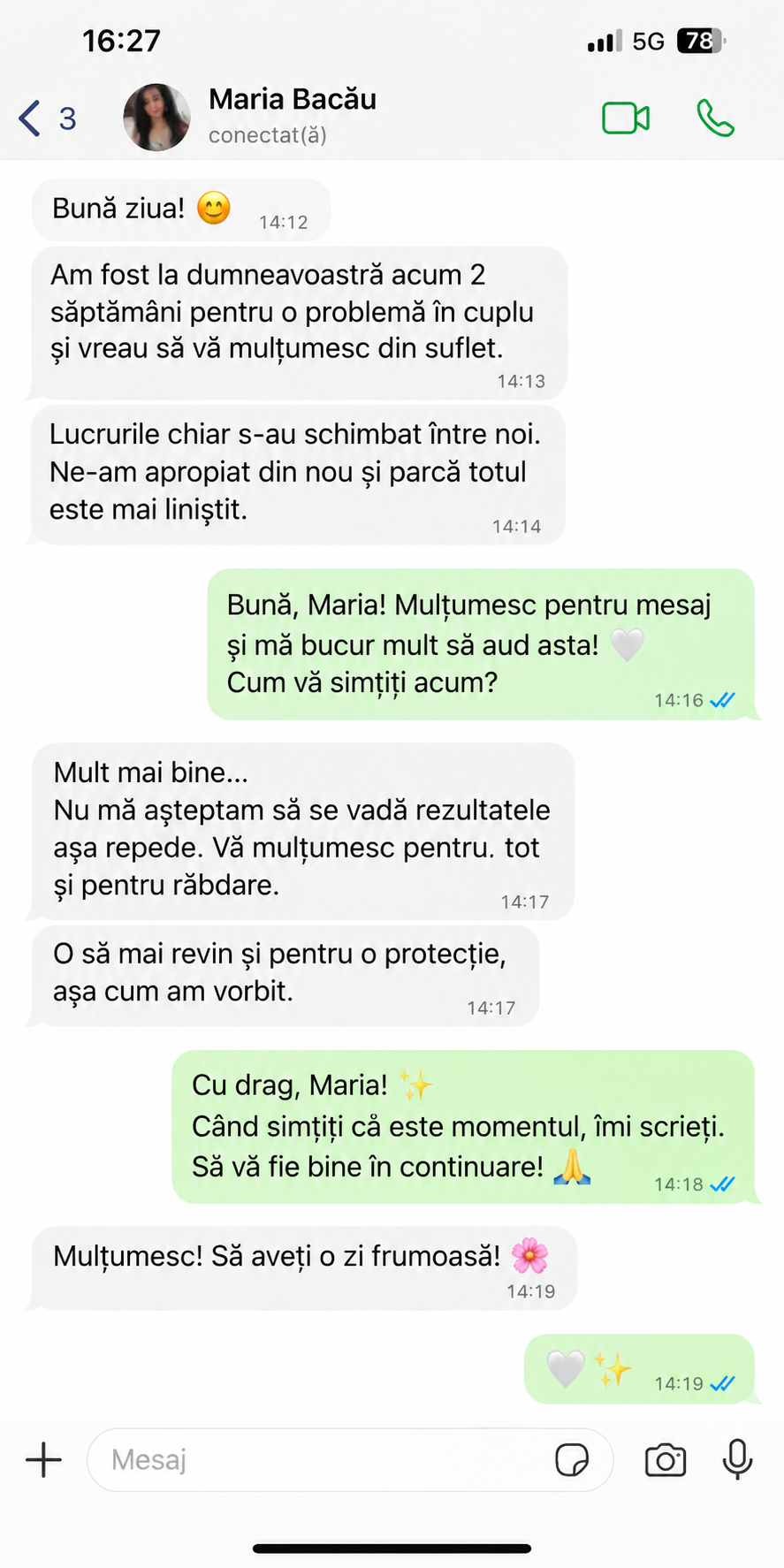 Conversație WhatsApp cu Maria Bacău