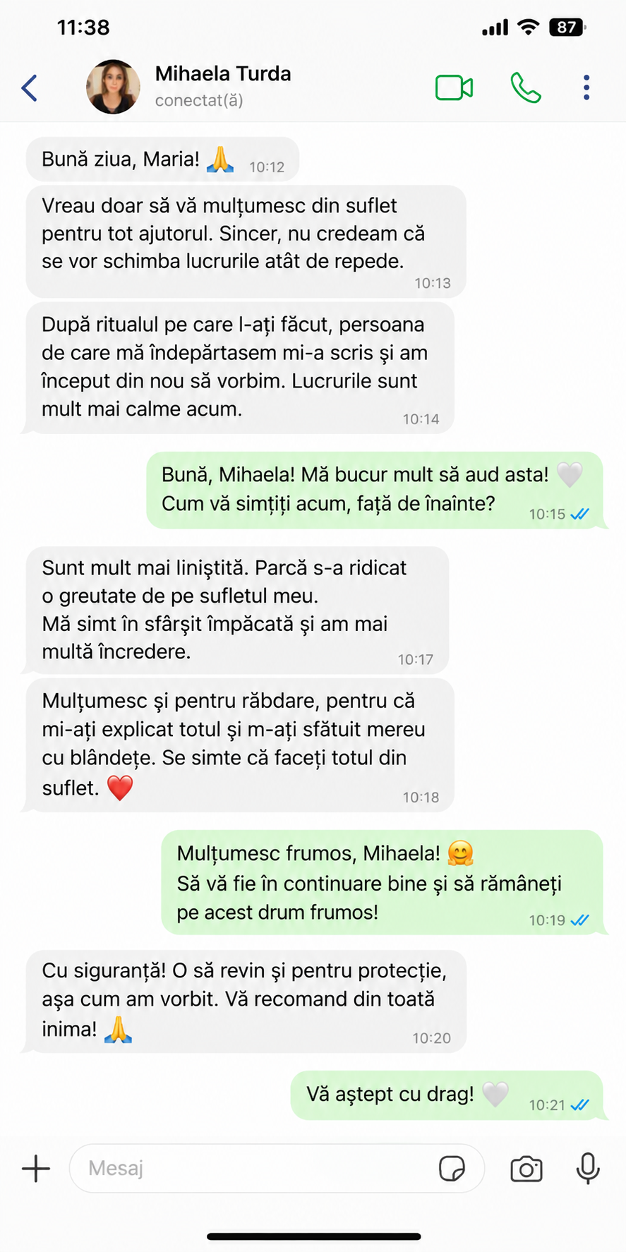 Conversație WhatsApp cu Mihaela Turda